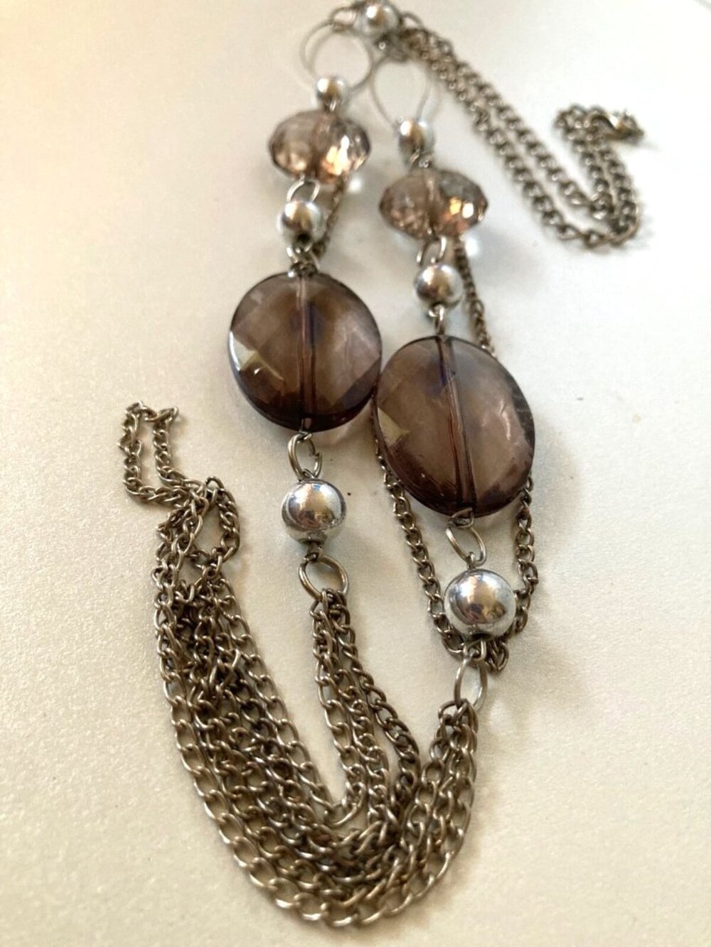 Preloved antique silver tone Necklace Big Oval Faceted gray Chunky jewelry